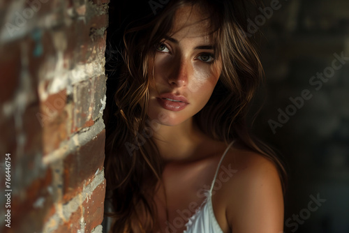 Alluring Woman with Intense Gaze in Dimly Lit Setting
