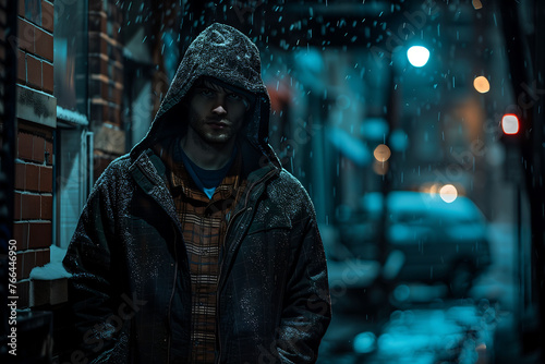 Hooded Figure Standing in Snowy City Night