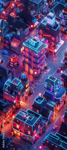 An isometric 3D model of a future neon residential area, with cute, compact homes and glowing communal spaces