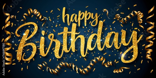 "happy birthday" are written in gold letters, creating a festive mood. Concept for: greeting cards, gift advertising, holiday banners and birthday invitations