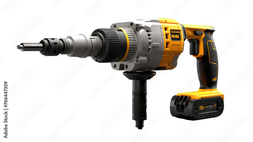 A cordless drill is combined with a versatile attachment for enhanced functionality and power A cordless drill is combined with a versatile attachment for enhanced functionality and power