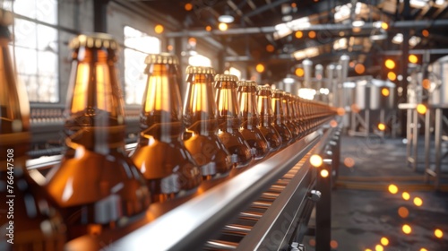 A conveyor belt in a modern brewery, along which bottles of beer move, ready for packaging photo