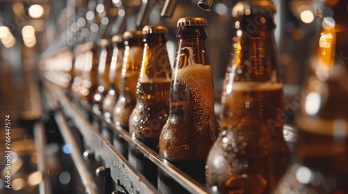 Close-up of beer bottles on a brewery assembly line