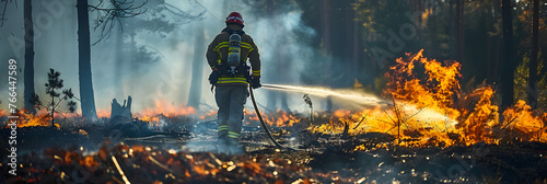 A professional firefighter extinguishes the flame. A burning forest and a man in a firefighter's uniform, rear view. Concept: Fire has engulfed nature, danger of arson. photo