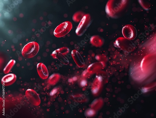 Energetic blood cells against a dark backdrop, perfect for illustrating medical vitality