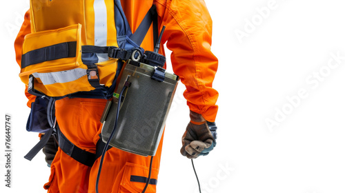 A man in an orange safety suit holding a radio