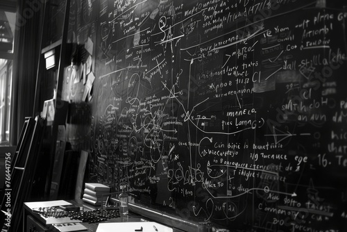 Equations and diagrams scribbled on a board, the silent language of mathematics in progress