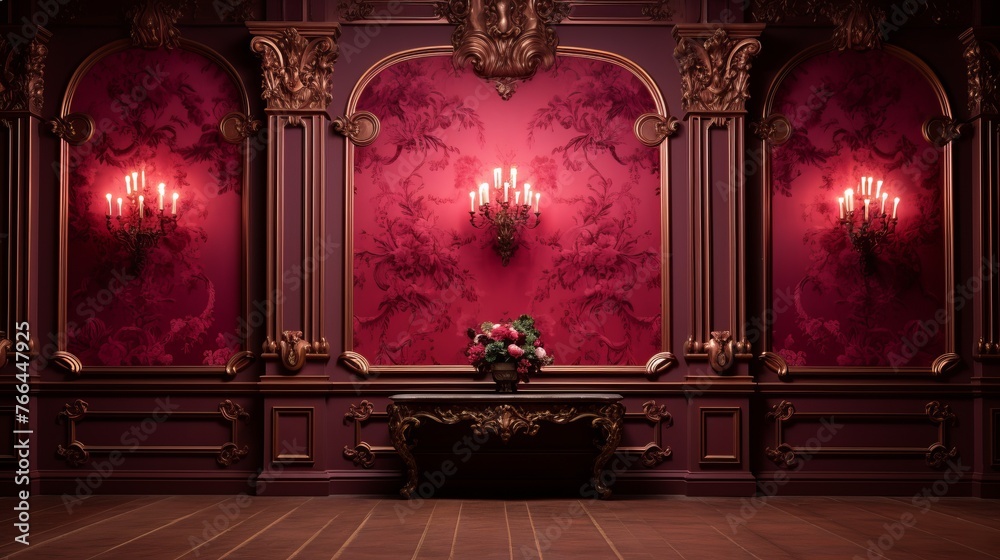 Ornate red room with a table and vase of flowers - obrazy, fototapety, plakaty 