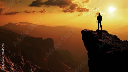 man standing on tup rock montain with sunset