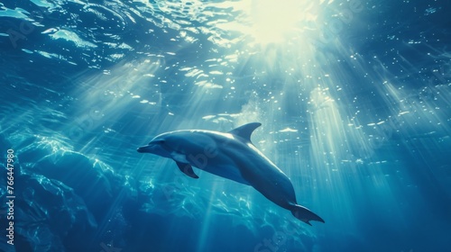 An underwater shot of a dolphin gliding through the blue ocean