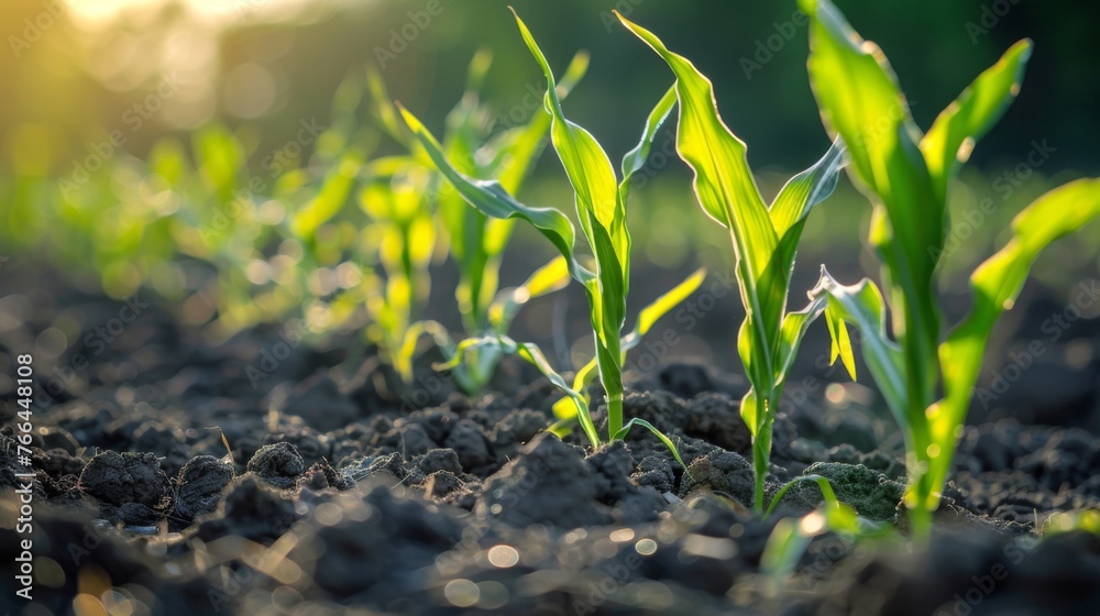 Close-up of fresh green corn sprouts emerging from the soil in a cultivated farm field - obrazy, fototapety, plakaty 