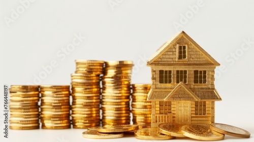 Stack of gold coins arranged next to a miniature house model