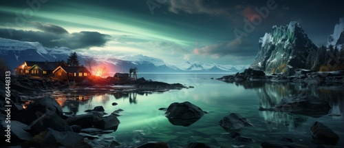Aurora borealis landscape with a house near water and mountains in the background