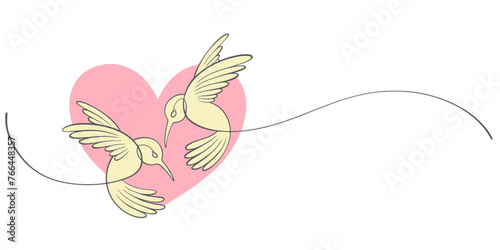 Two birds are flying isolated on white background. Line art love couple of birds. Outline vector illustration.
