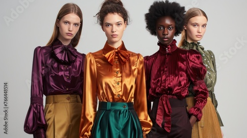 Imagine a collection of silk and satin blouses in jewel tones, featuring details like bow ties, ruffled collars, 