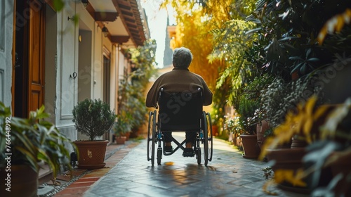 A wheelchair user navigating through their home, utilizing ramps and wide doorways for accessibility
