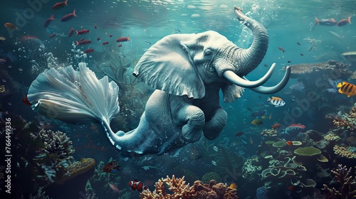 blue elephant with a fish tail and fins swims under water, magical animals