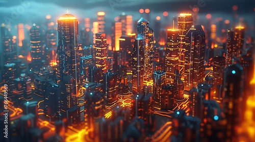 Illustration of a futuristic microchip city in a computer science information technology background, resembling a sci-fi megalopolis. © Khalida