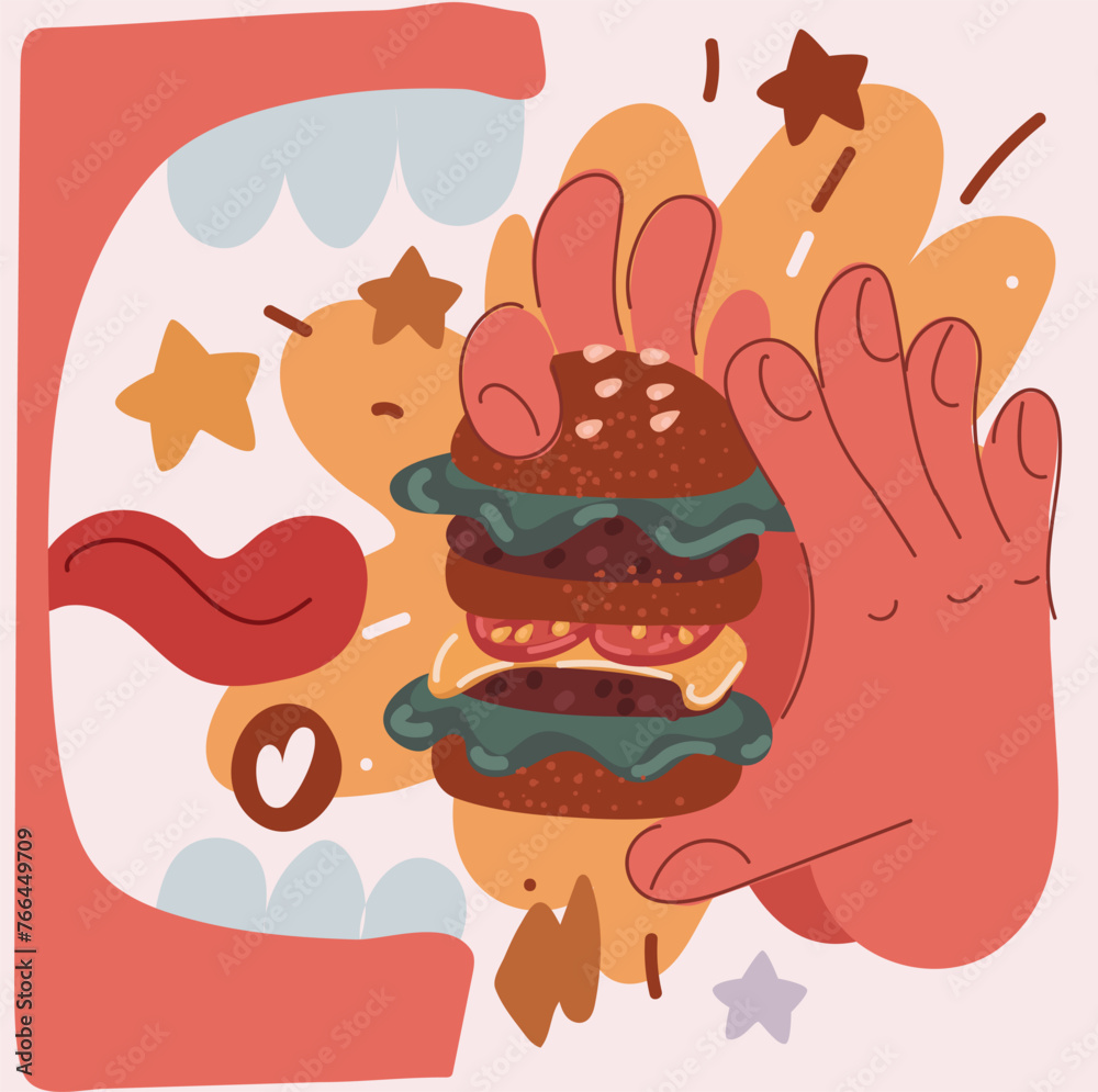 Obraz premium Cartoon vector illustration of person eating cheeseburger with satisfaction. Someone enjoys tasty hamburger takeaway, delicious bite of burger.