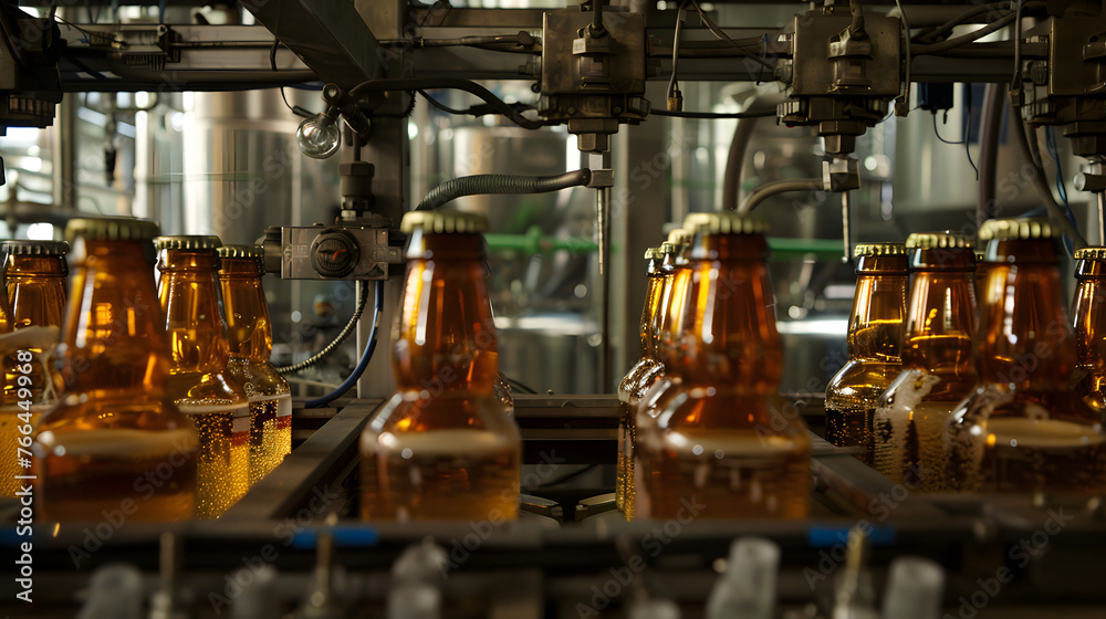 Close up process of bottling beer in a factory setting, showcasing machinery in action and rows of beer bottles on conveyor belts