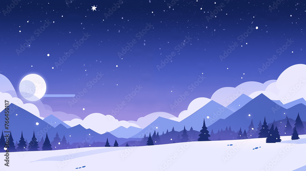 Hand drawn cartoon illustration of snow mountain scenery under the starry sky
