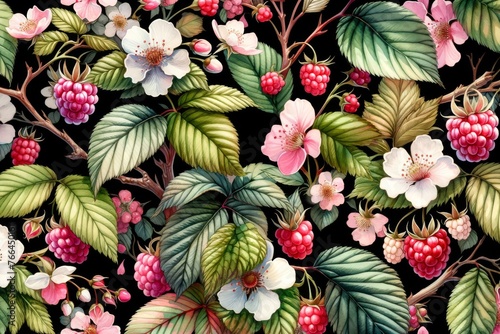 Spring Seasonal Fruits Background for backdrop wallpapers or scrapbooking journal. A vibrant depiction of spring's bounty, this image showcases lush raspberry blossoms and ripe fruits.