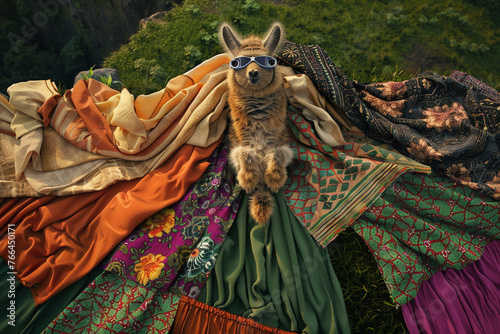 An aerial shot of a Chinchilla named Volt in stylish eyewear, resting atop a patchwork of colorful Balinese textiles spread out on a lush grassy knoll, showcasing the blend of culture and nature.