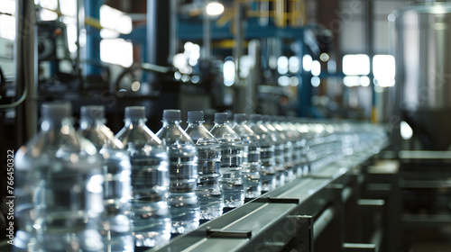 process of bottling water in a factory setting, showcasing machinery in action and rows of transparent water bottles on conveyor belts photo