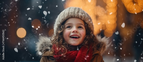 A close up image of a child dressed in cozy winter clothing, featuring a hat and a scarf, looking adorable