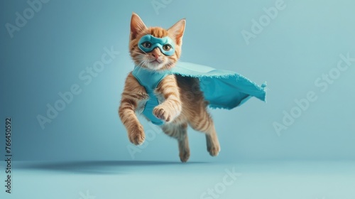 superhero cat A cute orange striped cat with a blue coat and mask jumps and flies on a light blue background. © Chaonchai