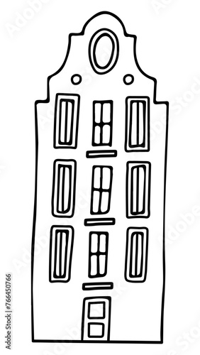Doodle Dutch house silhouette. Vintage outline facade of European building. Old stile architecture of Holland or Amsterdam. Hand drawn vector illustration 