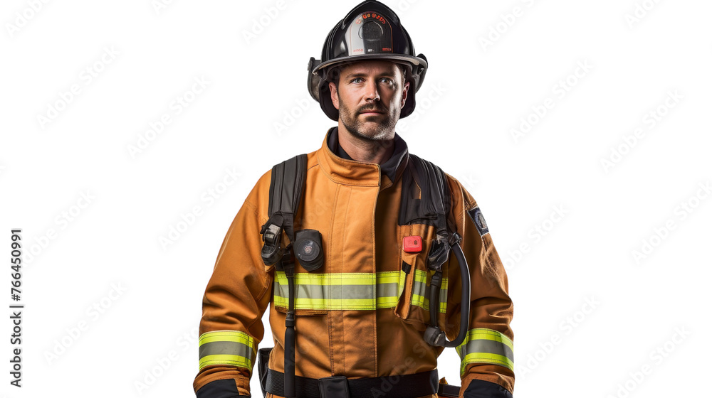 A man in a firemans uniform confidently poses for a photograph A man in a firemans uniform confidently poses for a photograph