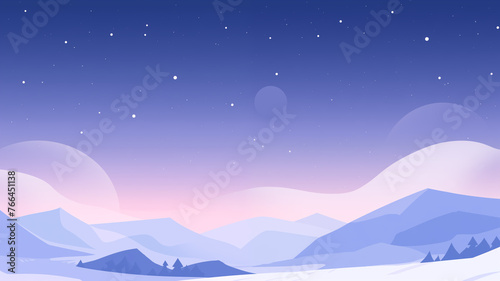 Hand drawn cartoon illustration of snow mountain scenery under the starry sky 