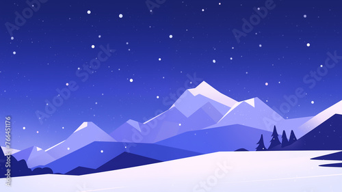 Hand drawn cartoon illustration of snow mountain scenery under the starry sky 