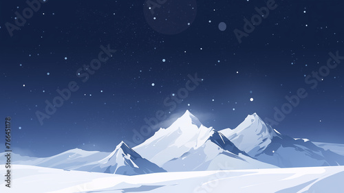Hand drawn cartoon illustration of snow mountain scenery under the starry sky 
