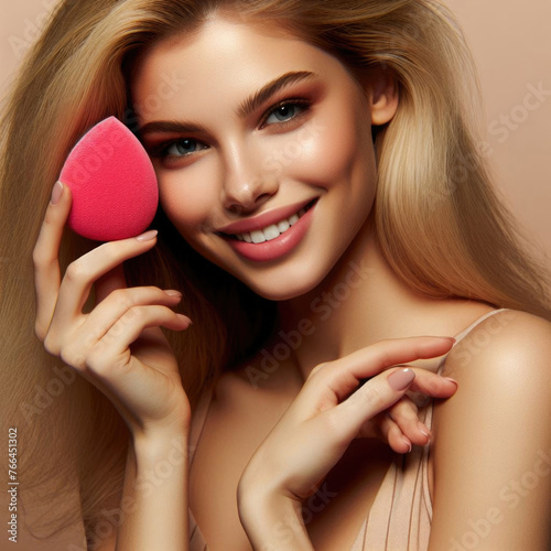 Portrait of a beautiful girl model holds a makeup sponge in her hand.