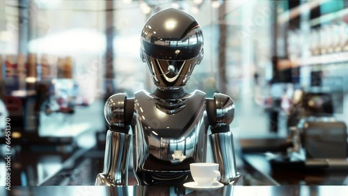 Chrome robot barista.
Robot behind the counter of a coffee shop. photo