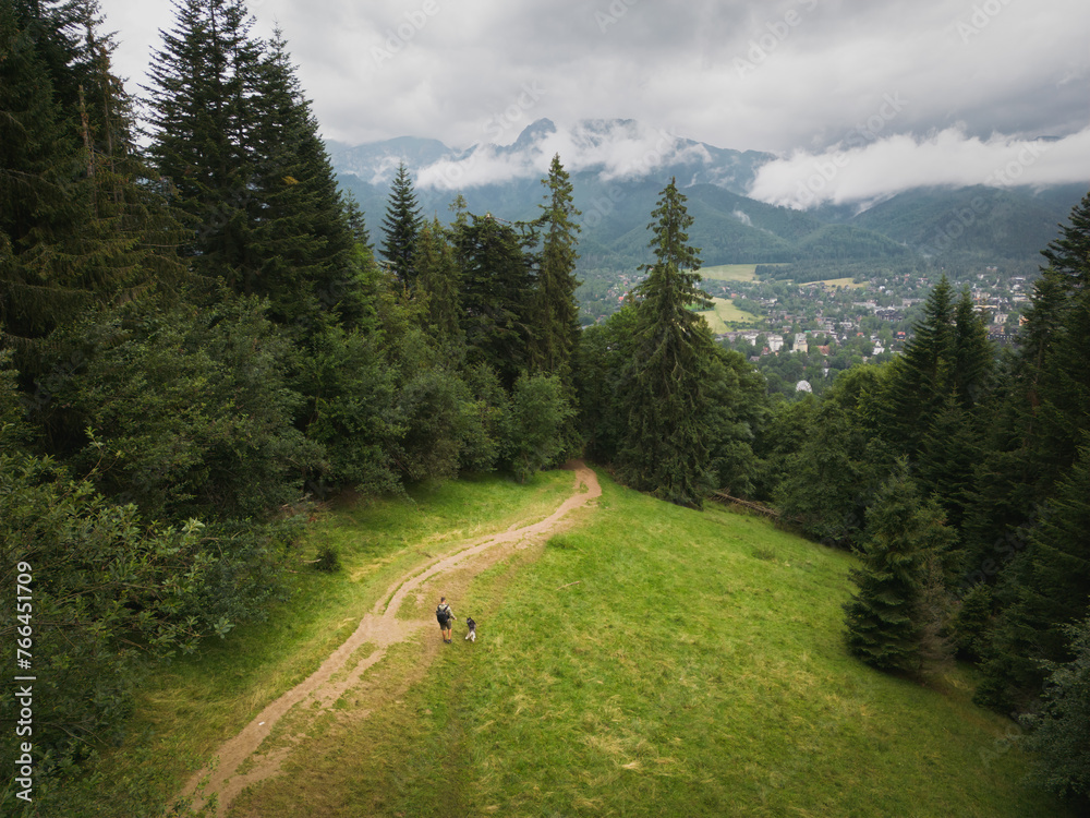 A male traveler with a husky dog ​​walks in the Polish Tatra Mountains in Zakopane, aerial photo from a drone.