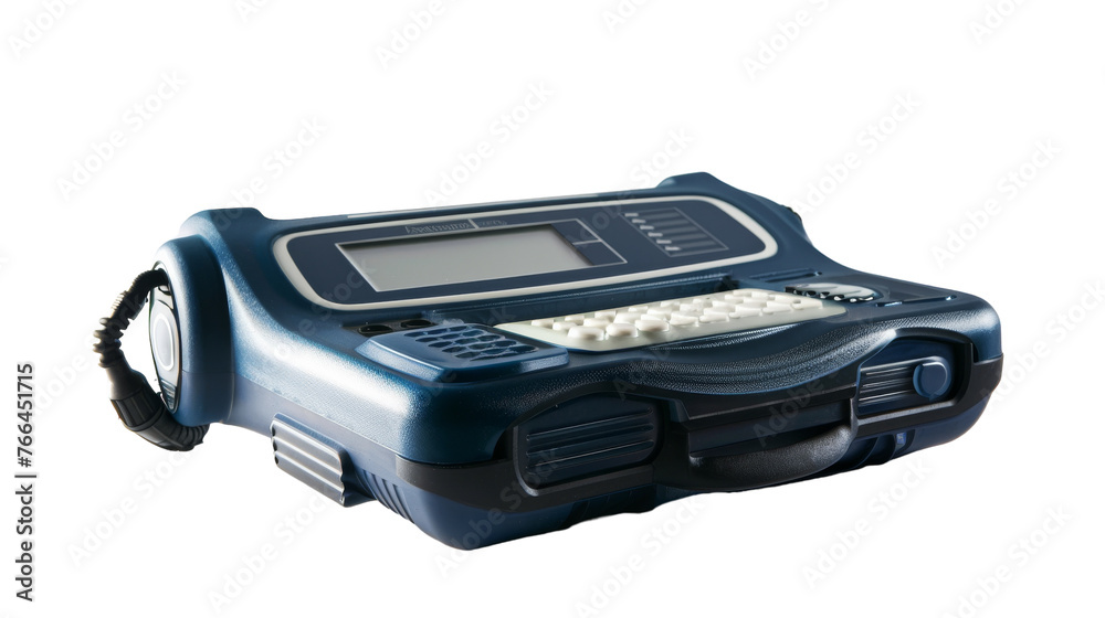 A sleek blue and black electronic device contrasts against a pristine white background A sleek blue and black electronic device contrasts against a pristine white background