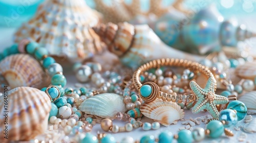 Imagine a summer jewelry collection inspired by the sea, including pieces crafted from seashells, coral, 