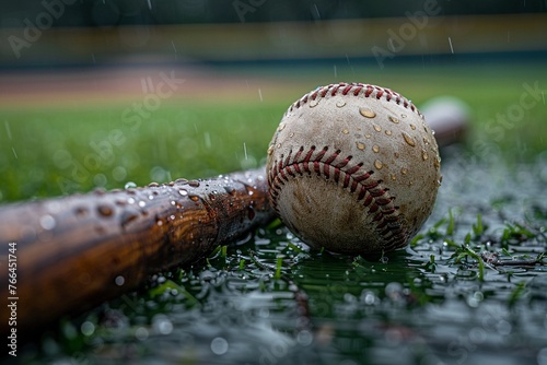 Baseball bat and ball on the field photo