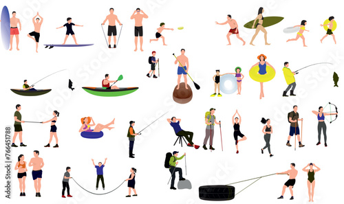 Summer vacation illustration set. People enjoying summer ,  performing summer outdoor activities-sunbathing, swimming, hiking, running, relaxing, travelling, Vector illustration