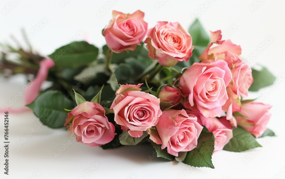 Bouquet of pink roses with green leaves on a white background. Bouquet of pink roses with green leaves on a white background.