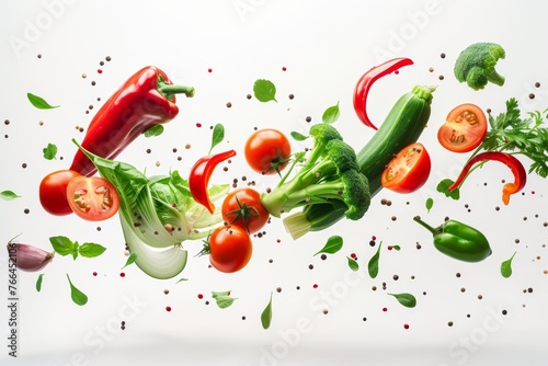 Various vegetables falling through the air in a chaotic motion.
