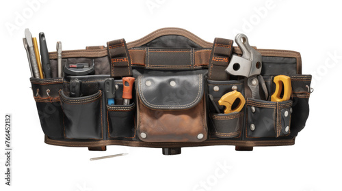A tool belt filled with various tools, including hammers, screwdrivers, wrenches, and measuring tape