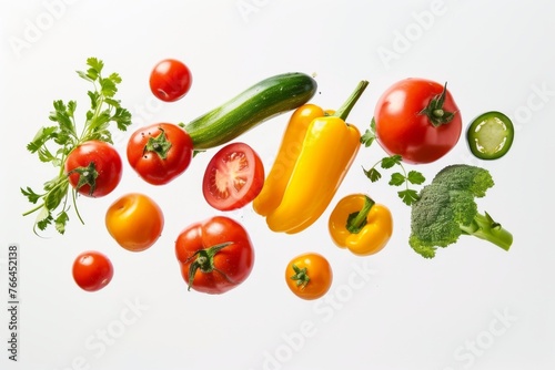 Various types of fresh vegetables arranged on a white surface.