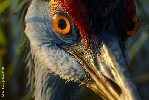 close-up shot of the crane's face, 