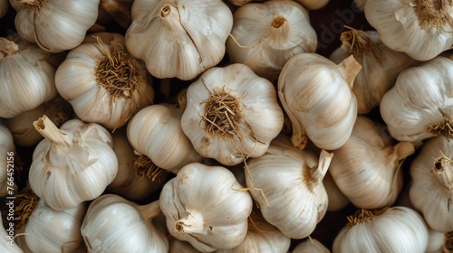 Close-up of a stack of garlic bulbs neatly arranged next to each other.