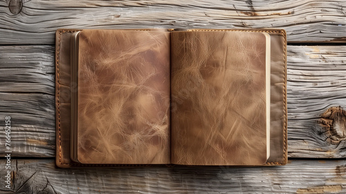 old book on wood background, Blank photorealistic notebook mockup on wooden background, front and back view, Ai generated image