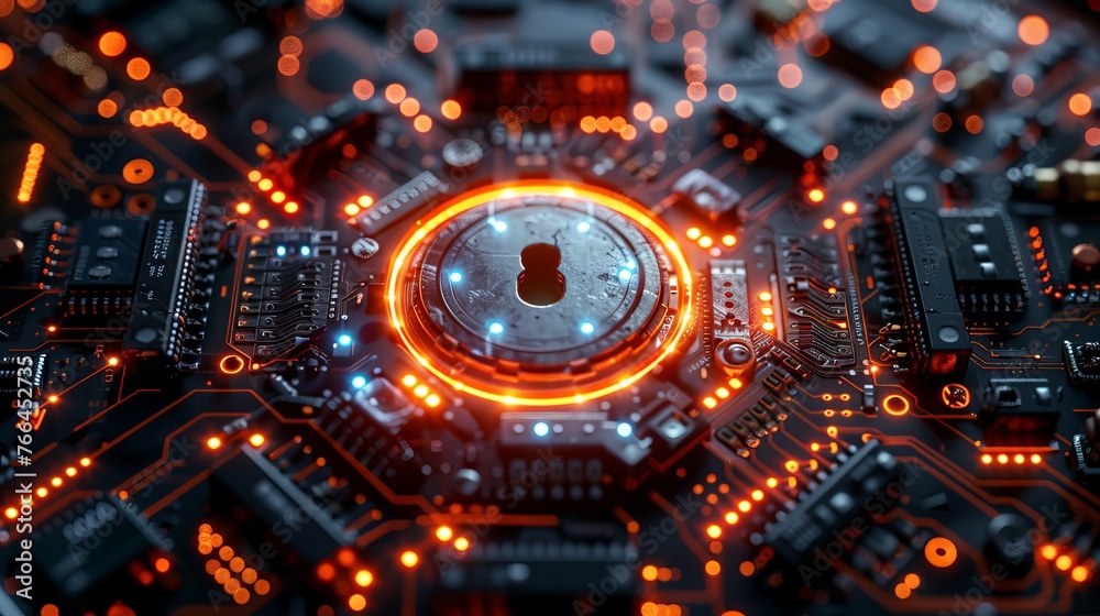 Illustration representing internet digital cyber security technology for business, featuring a lock on a circuit board symbolizing security measures against cyber threats.